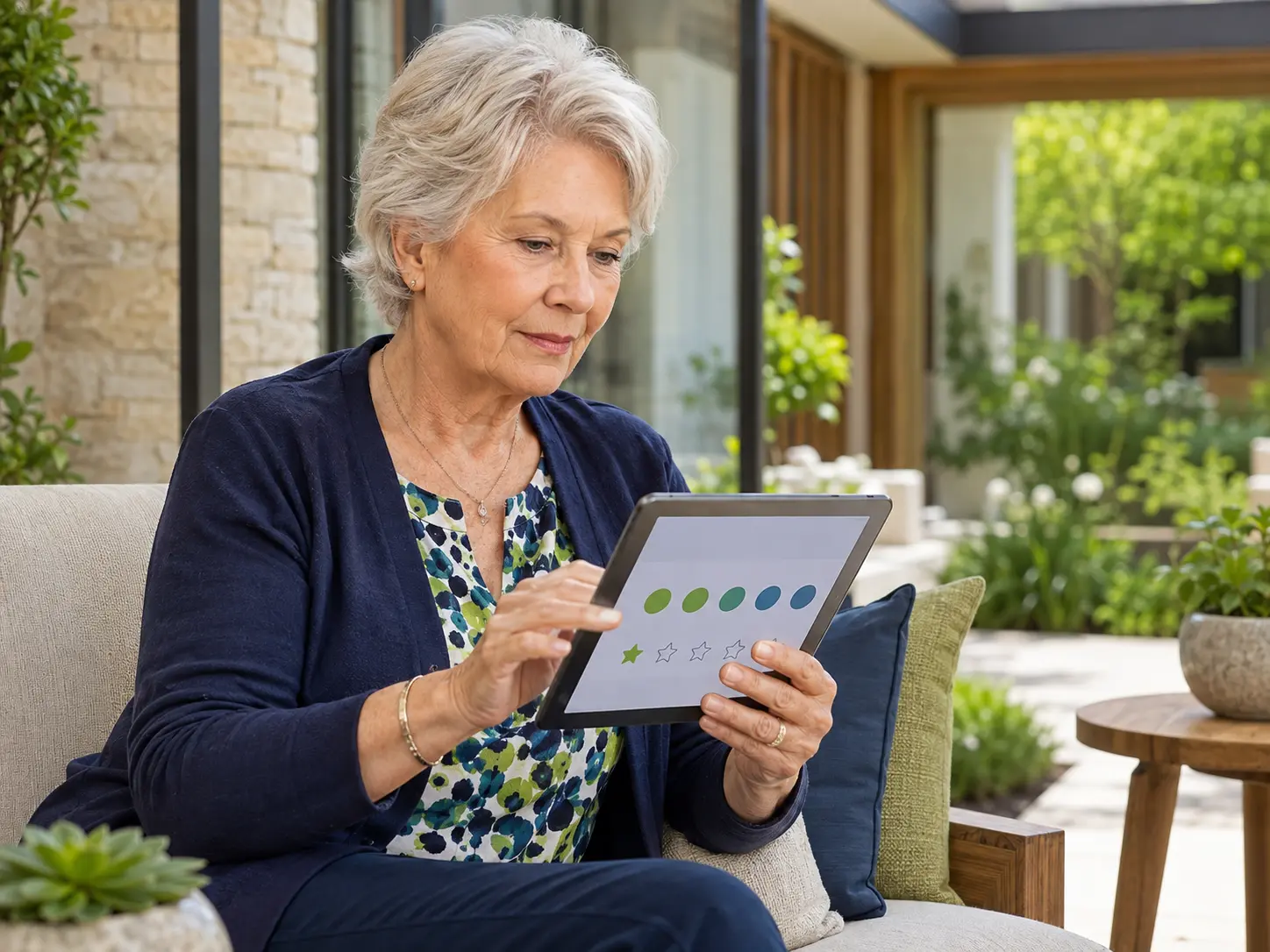 Older resident independently completing a survey on a tablet